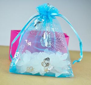 Whole 100pcslot 9x12cm gift wrap Lake Blue Organza Jewelry Gift Pouch Bags Drawstring Bag Butterfly Pattern6845518
