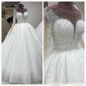 Luxury Beaded Ballgown Wedding Dresses Long Sleeves Scoop Neck Sequins Floor Length Tulle Custom Made Wedding Gown vestido de novia 243L