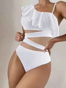 Frauen Badebekleidung 2024 Sexy Mesh Patchwork Ein Stück Badeanzug für Frauen Rüschen hohe taillierte Badeanzüge Strandbekleidung Monokini Badegäste