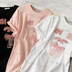 2024SS T-shirtdesigner T Shirts Womens Pärled Letters Bow Graphic Tee Loose Casual Short Sleeved Tops