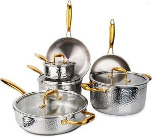 Köksredskap sätter rostfritt stålkrukor och kokkärlsset med 10-stycken tri-skikt hamrade med guldhandtag professionell
