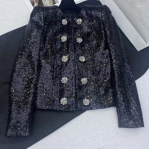 Giacche da donna con paillettes Black Slim Jackes Black Round Cocks Calchi di pulsanti di strass Coat di design per abiti Y2K di fascia alta molla