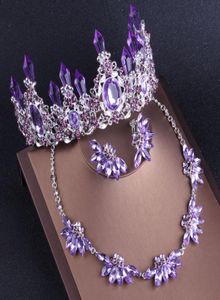 Noble Purple Crystal Bridal Jewelry Conjuntos de colares Brincos Coroa Tiaras Conjunto de jóias Africanas Conjunto de jóias Acessórios de vestido de noiva7748547