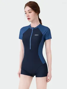 Women's Swimwear One-piece Swimming Suit Short Sleeve Boxers Quick-dry Front Zip Thin Swimsuit Fashion Summer Beach