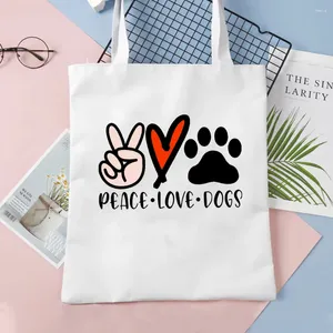 Storage Bags Peace Love Dogs Print Creative Handbag Cartoon Dachshunds Dog Anime Shopper Jute Bag Cute Shopping Gifts