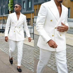 Handsome Men's Formal White Linen Suits Groom Wear Double Breasted Party Wedding Peaked Lapel TuxedosJacket Pants 245g