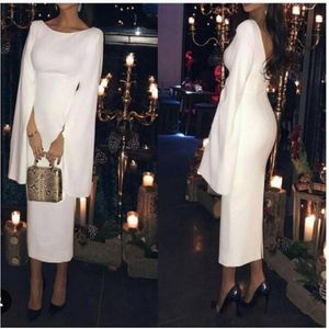 Unique Design White Satin Evening Dresses with Cape Tea Length Short Backless Formal Evening Gown Cocktail Prom Party Dress 2173
