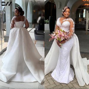 Illusion Long Sleeve Mermaid Bride Dress With Pearls And Beads Removable Train Wedding Dresses For Women Robe De Mariee