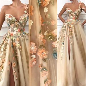 Arabic Champagne Sexy One Shoulder 3D Floral Flowers Evening Dresses Wear Lace Appliques Beads Split Tulle Special Occasion Party Prom 296s