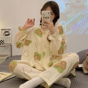 Kvinnors sömnkläder Autumn Pyjama set för kvinnor Två stycken Set kawaii björn tryck hem kläder pijamas pijama mujer långärmad bomullsflicka