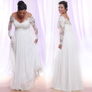 Langarmes Plus-Größe Brautkleider mit tiefem V-Ausschnitt Applique Beach Country Hochzeitskleider vor der Schulterbrautkleider Vestido de N 273e