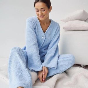 Roupas em casa Moda de lã azul confortável de mangas longas de pijama de duas peças.