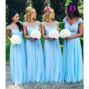 2020 Sky Blue Bridesmaid Dresses Scoop Neck Cap Sleeves Pearls Bed Aded Chiffon Floor Length of Honor Gown Country Wedding Party Wea 261v