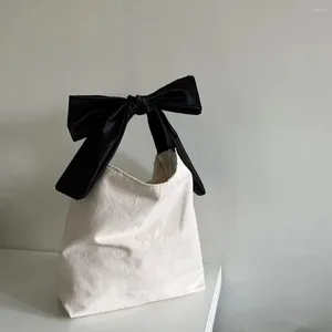 Bolsas de armazenamento Design de arco grande ombro de lona macia de grande capacidade estilo japonês simples para mulheres 2024 bolsas de bolsa de bento e bolsas