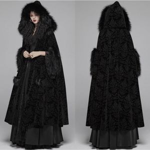 Czarne futrzane zimowe płaszcz z kapi z kapturem z wydrukiem długie okłady ślubne kurtki specjalne imprezę bankiet gotycka panna młoda ślub