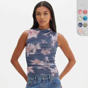 Women's T Shirt sexy Tees 2024 Summer Spicy Girl Y2K Women's Mesh Spliced Folded Sleeveless Top Unique Unique Printed Tank Top for Outwear tops