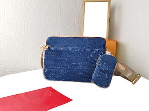 Äkta läder präglade 3-delade herrbagkvinna denim väska duk handväskor axelväskor underarmsäck designer crossbody väska små totes