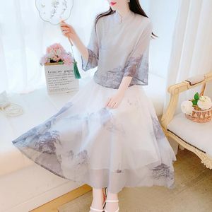 Work Dresses 2024 Summer Women's Fashion Chinese Style Improved Cheongsam Shirt Ink Print Skirt Suit Female Chiffon Elegant 2-Piece Set