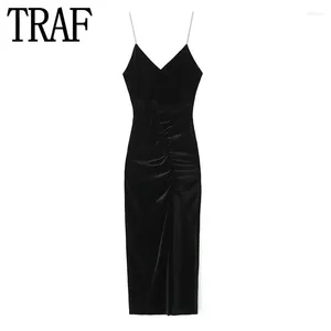 Vestidos casuais vestido de veludo preto Mulher Rhinestone Backless Long Women Ruched Midi Sexy Elegant Evening Party