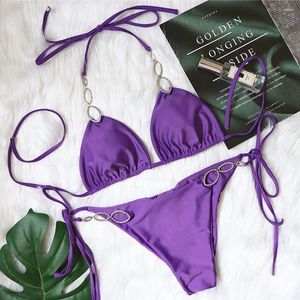 Women's Swimwear Sexy Rhinestone Bikini 2024 Women Solid Purple Metal Chain Swimsuit Brazilian Summer Beach Bathing Suit Luxury Thong