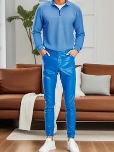 Men's Pants Mens hip lifting trend leather pants elastic slim fit trend colored tight fitting bar sexy blue leather pantsL2405