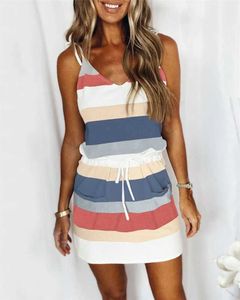 Basic Casual Dresses 2023 Summer Womens Pendant Loose Print Striped Tank Top Womens New Sleeveless V-neck Casual Pocket Mini DressL2405