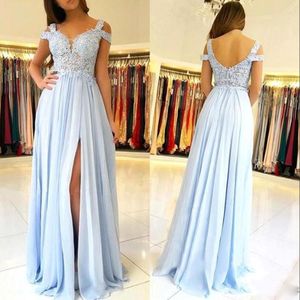 ライトスカイブルーオフショルダーA-Line Bridesmaid Dress Lace Applique Side Spilt Mai of Honor Dress Cheap Formal Women Evening Gown BM 296K
