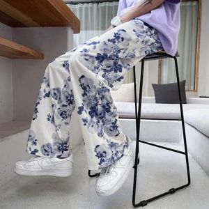 Spring Summer Flower Pants Mens Fashion Printed Casual Pants Men Streetwear Loose Hip-hop Straight Wide-leg Pants Mens Trousers 240511