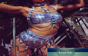 Faux Leather Holographic Sexy Backless Metal Chain Tops Регулируемая мини -юбка Летняя вечеринка Rave Festival 2 ПК Сетей F7971161