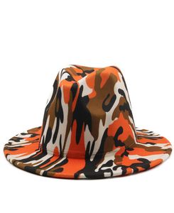 Army Green Camouflage Wool Felt Jazz Fedora Hat For Women Män breda Brim Panama Party Formal Hat Top Cap med Black Bottom2188259