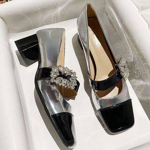 Toe quadrado Low Jane Retro elegante salto alto Sier Designer Muller Sapato Rhinestone Chunky Heel Mary Janes Pumps