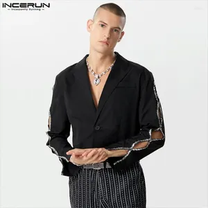 Ternos masculinos homens blazer retalhos de retalhos brilhantes 2024 lapela de manga longa moda moda hollow out um botão casual capacs incerun