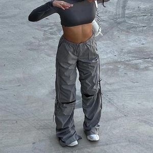 Kvinnors byxor last kvinnor hipster dragstring tröjor knä klippt ut slits baggy joggar svettbyxor bred ben stilfull hiphop sportig
