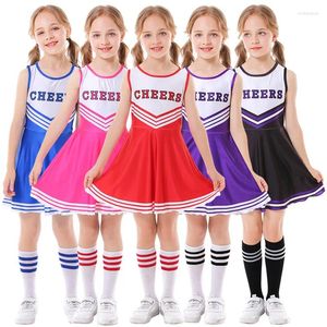 Kläder sätter flickor cheerleading enhetlig ärmlös dansdräkt barn cheerleader outfit rund halsringning bokstav klänning blommor och strumpor