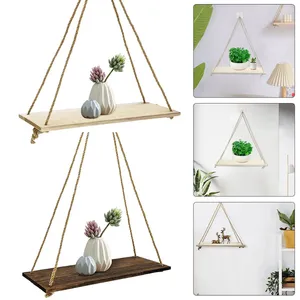 Decorative Plates Wooden Retro Wall Mounted Shelves Multifunctional Vintage Swing Floating Shelf Macrame Hanging For Home Living Room Decor