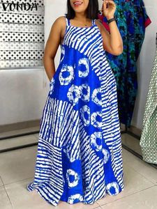 Plus Size Dresses Sleeveless Maxi Long Dress Bohemian Printed Party Sundress 2024 VONDA Summer Tank Vestidos Beach Loose Casual Robe