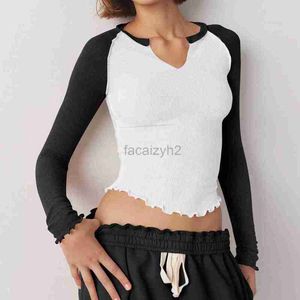 Women's T Shirt sexy Tees New y2k spicy girl threaded long sleeved lace hem with exposed navel slim fit fashionable color blocking creative top tops