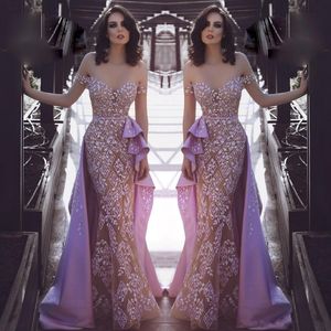 Lavender Mermaid Overskirts 2018 Prom Dresses Off Shoulder Lace Appliqued Beads Evening Gowns Saudi Celebrity Party Dress Robe De Soire 2798