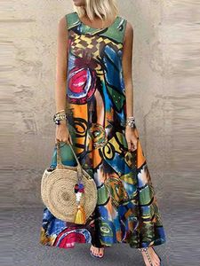 Podstawowe sukienki swobodne Zanzea Kobiety Summer Bohemian Floral Printed Dress Vintage Slveless O Neck Beach Sundress Fashion Fashat Femme Sarafans T240515