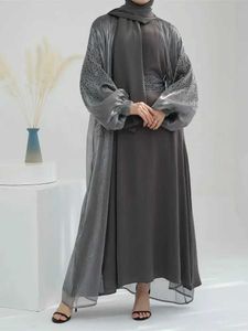 Etniska kläder Ramadan Open Kaftan Abaya Dubai Turkiet 2 styck Muslim Set Islam Robe African Dresses For Women Kimono Marocko Clothing Caftan T240510