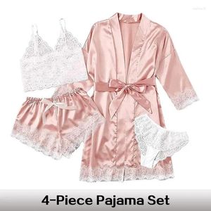Hemkläder kvinnor mode sommar sexiga pyjamasbyxor set 4 stycken spets satin med siden sömnkläder mantel och bekväma nattkläder
