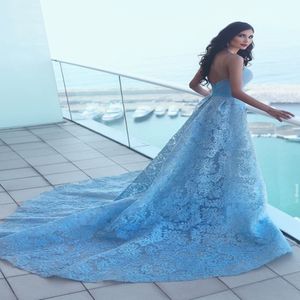 Ny ankomst Baby Blue Mermaid Prom Dresses spetsapplikation Spaghetti Stems Backless Court Train Formal Evening Wear Party Gowns Custom 270n