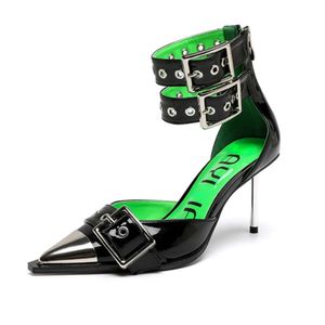 Sexy Rivets High Heels Belt Buckle Pointed Pumps Black Ankle Strap Punk Style Roman Designer High-heeled Sandals Female