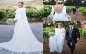 2020 Simple white Long Sleeve Wedding Dresses Bateau Backless Sweep Train Country Garden boho Chapel Muslim Bridal Gowns Vestido D2888924