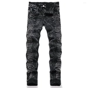 Men's Jeans Men Punk Rivet Black Denim Streetwear Slim Straight Stretch Pants Spliced Trousers