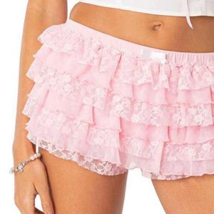 Kvinnors shorts sommar kvinnor spets kjol flerskiktad spridd rufsad lolita elastisk midja fast färg culottes stranddans mini