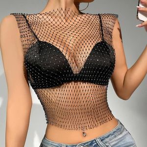 Women's Tanks Sexy Women T-Shirts Fishnet Sparkly Rhinestone Short Sleeve Hollow Out Sheer Blouse Nightclub Rave Party Y2K Streetwear Tops