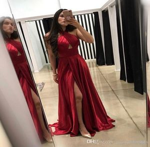 Halter Dark Red Aline Prom Dresses Evening Gowns Slit Party Dress Formal Simple Bridesmaid Dress9483027