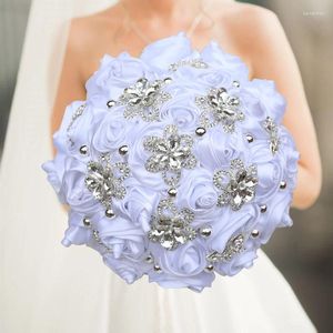 Decorative Flowers White Bridal And Bridesmaid Bouquets Exquisite Rhinestones Silk Roses Pearls Handmade Sisters Wedding