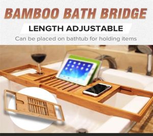 Bandela de banheira de banheira de banheiro ajustável Caddy Bamboo Bath Rack Rack Livros de vinhos Organização de armazenamento Acessórios 2009234453707